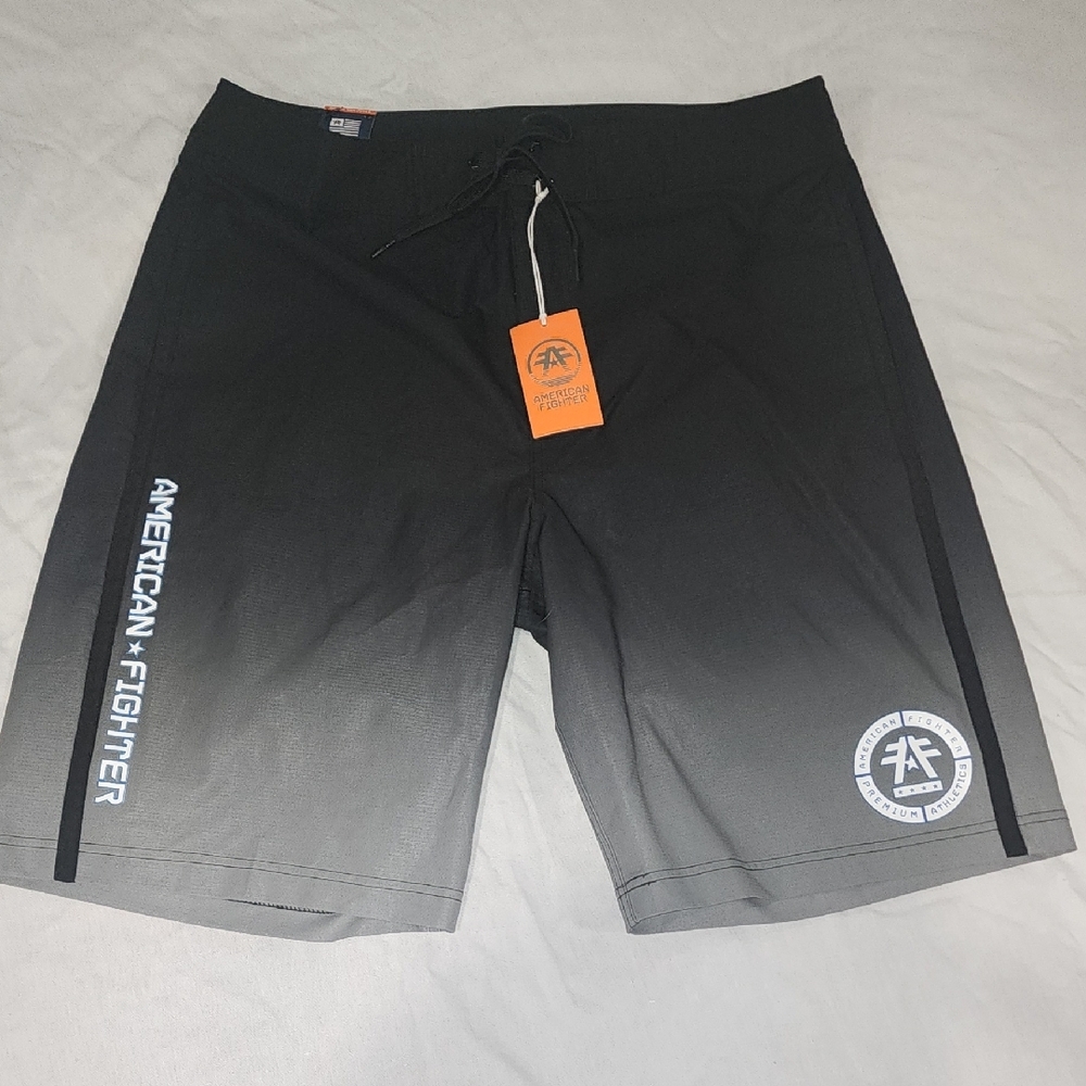American Fighter Black Board Shorts with Logo and Text